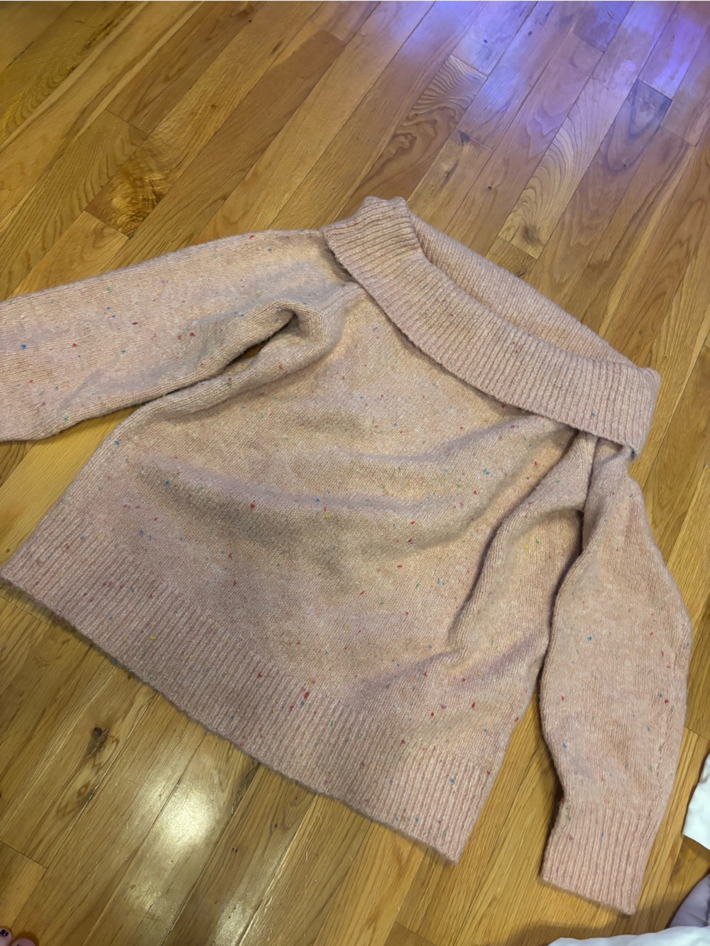 Women's Peach Speckle Off-Shoulder Crewneck Sweater